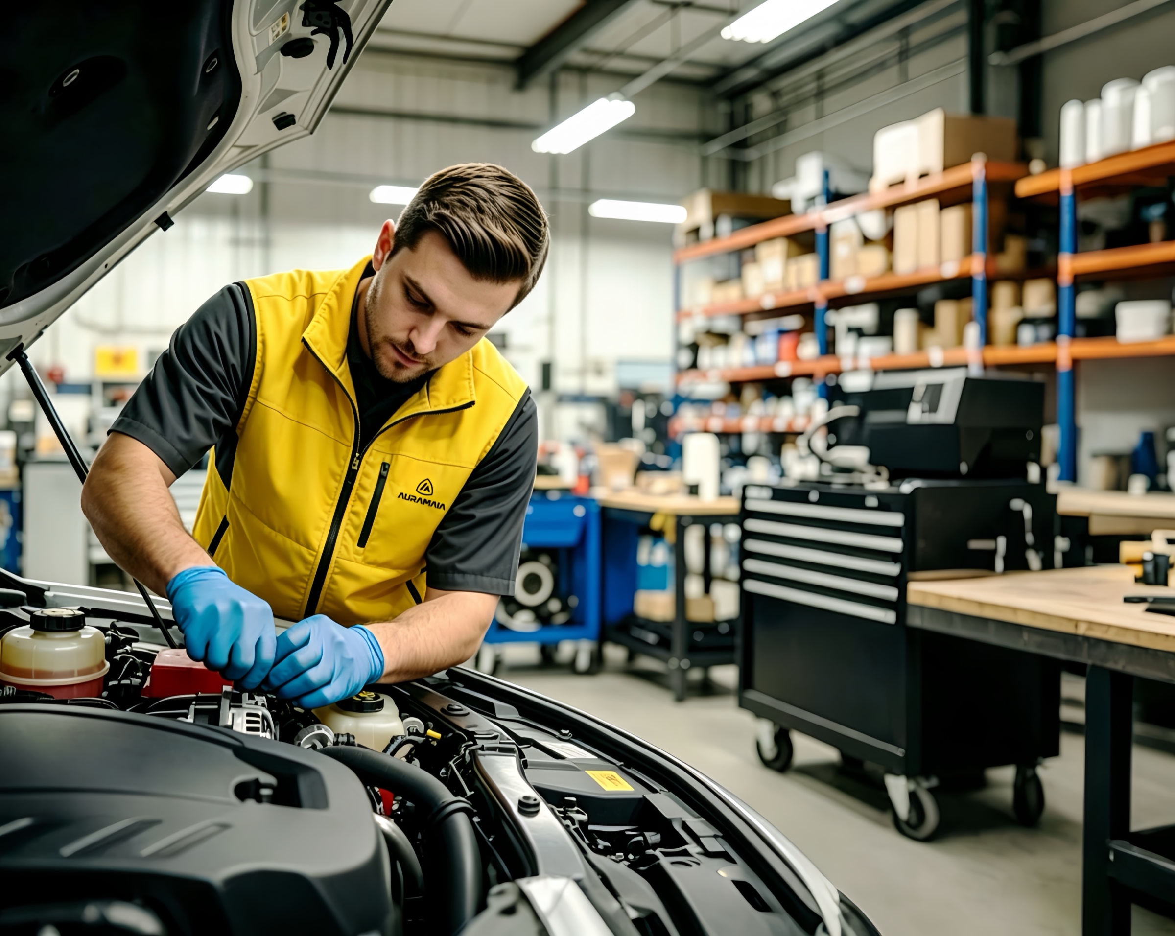 Mechaniker bei der Wartung eines Fahrzeugs in einer professionellen Werkstatt